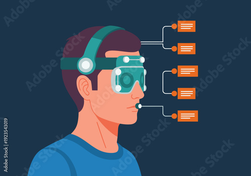 A young man wears a futuristic headset and eye-tracking device, showcasing focus tech. Modern illustration style, vibrant colors, digital interface. Ideal for tech, innovation, and future concepts.
