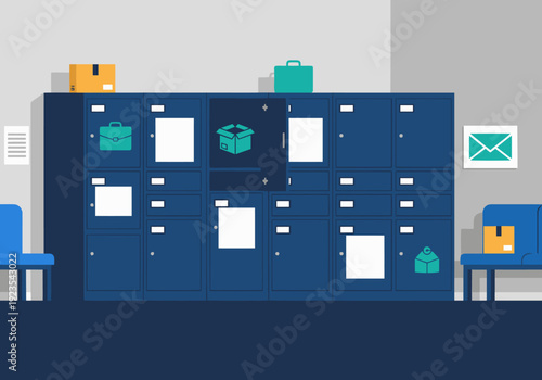 Modern business locker package illustration. A stylish, dark blue locker unit displays documents, packages, and a briefcase. Clean, professional design. Ideal for business visuals.