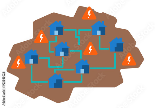 Microgrid resilience illustration depicts homes connected with power lines, protected by lightning warnings. A modern, graphic design showcasing energy safety and community preparedness.