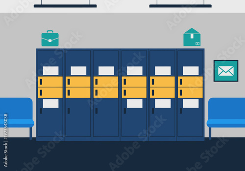 Modern business locker concept illustration. A blue locker unit with compartments and mail icons. Clean, professional design. Ideal for business themes.