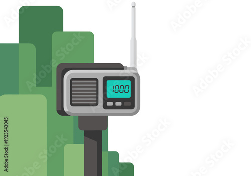 A modern forest sensor transmits fire data. The device sits against a stylized green forest backdrop, displaying a digital readout. Clean, flat design.