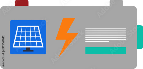 Modern graphic showcasing solar energy storage and data integration. Clean design with solar panel, battery, and data icons. Ideal for energy, technology, and sustainability visuals.