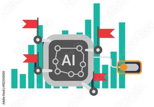 Modern graphic showcasing AI bias ethics data. A stylized neural network connects to a bar graph, highlighting data analysis and responsible AI development. Bold colors and clean design.