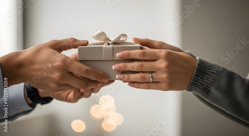 Two hands exchanging a gift box with a bow, symbolizing generosity and thoughtful giving in a heartwarming gesture
