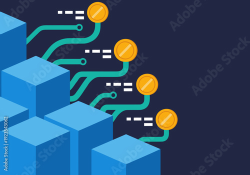 Modern illustration depicts CBDC transaction technology with digital circuits and coins connecting to a data cube structure. Clean, professional design for business and tech visuals.