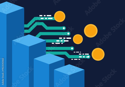 Modern graphic showcasing wholesale CBD tech growth with digital circuit pathways and coins ascending a bar graph. Bold blue and teal design for commercial use.