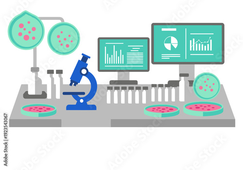 A modern lab scene showcases microbiome research. Microscopes, petri dishes, and data displays highlight scientific investigation. Clean, professional, and visually engaging.