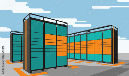 Modern parcel lockers stand in an urban setting, showcasing efficient urban logistics. Bold colors and clean lines create a visually appealing design for commercial use.