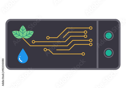 Modern tech illustration featuring gold recovery technology with an eco-leaf design Clean digital graphic with water droplet and circuit board elements
