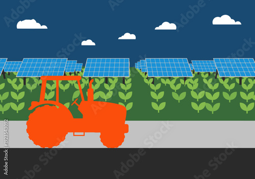 An orange electric tractor operates amidst solar panels and crops. A modern, sustainable agricultural scene. Bright, clean, and visually appealing.
