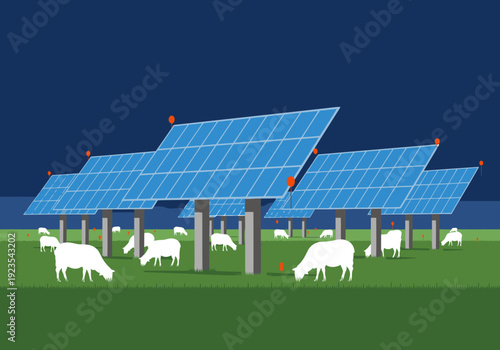 Solar grazing land features sheep peacefully grazing amongst solar panels at night. A striking visual combining renewable energy and rural landscapes.