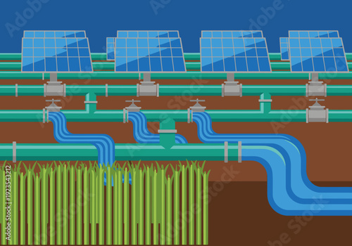 Solar-powered irrigation system supports thriving crops. A modern, sustainable agricultural scene with clear visual appeal for commercial use.