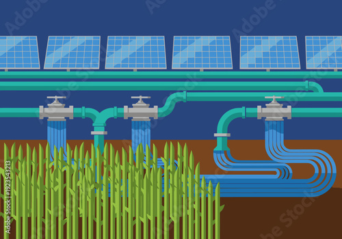 Solar-powered irrigation system waters crops. A modern, efficient agricultural setup with solar panels and water pipes. Clean, vibrant design.