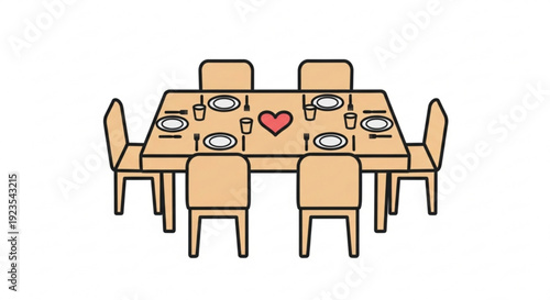 Dining table set for four people with plates cutlery and a heart centerpiece on a wooden table and chairs