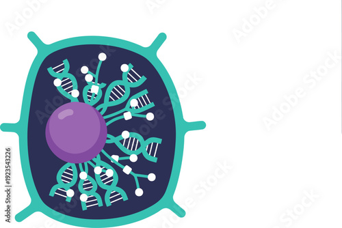 stylized cell illustration showcases cell repair and longevity data Vibrant teal and purple hues highlight DNA strands within a modern graphic design Perfect for science health and technology visuals