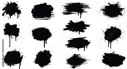Collection of twelve distinct black ink splatter shapes featuring various drips brush strokes and grunge textures perfect for design overlays
