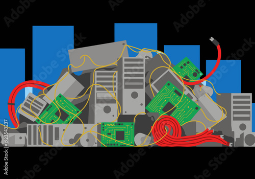 A stylized cityscape overlaid with e-waste, revealing gold circuitry. Illustrative, modern, and visually striking. Perfect for tech, sustainability, and recycling themes.