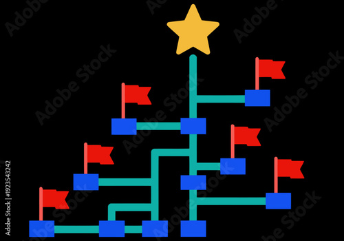 A stylized Christmas tree represents a trustworthy AI ethics system. Red and blue flags denote key principles. Modern, minimalist design with a star. Suitable for tech and ethics themes.