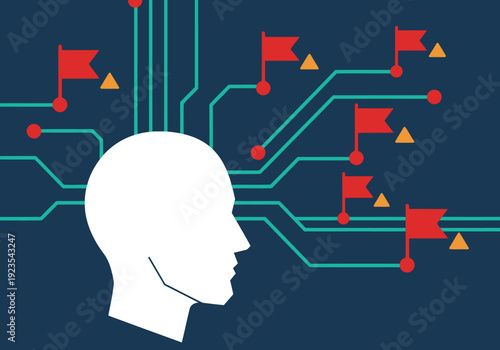A stylized digital head with warning flags overlaid on a circuit board background, symbolizing AI ethics and risk. Modern, graphic design.