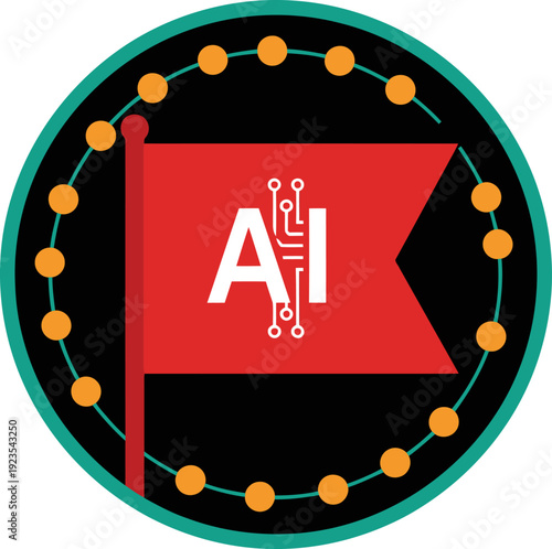 A stylized flag featuring AI and an ethics symbol. Bold design, modern aesthetic, perfect for tech and innovation themes. Clean, graphic, and visually striking.