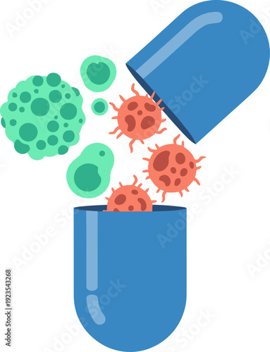 A stylized illustration depicts senolytic cell removal, targeting harmful bacteria within a capsule.  Clean, modern design highlights scientific innovation and health.