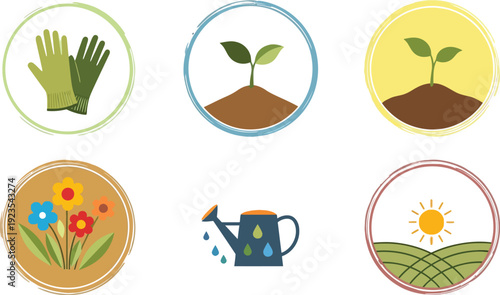Set of six colorful circular icons illustrating essential gardening activities including planting watering tools and blooming flowers under the warm sun