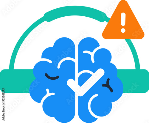 A teal brain with a headset and a checkmark icon overlaid with an exclamation point.  Modern, flat design. Ideal for focus tracking apps and productivity themes.