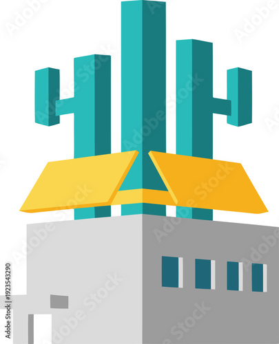 A stylized public building grid hub connects people, knowledge, and technology. Modern, geometric design with a bright blue background. Ideal for business and innovation concepts.