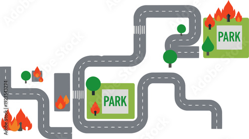 A stylized map illustrates shared fire relief gear distribution, showcasing a route from disaster zones to aid delivery. Modern, graphic design.