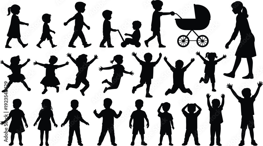 Fototapeta premium Children growth stages silhouette collection, kids walking playing jumping with stroller, childhood development lifestyle concept