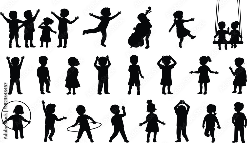 Fototapeta premium Children playing silhouette collection, kids dancing jumping swinging and music activities, happy childhood lifestyle concept