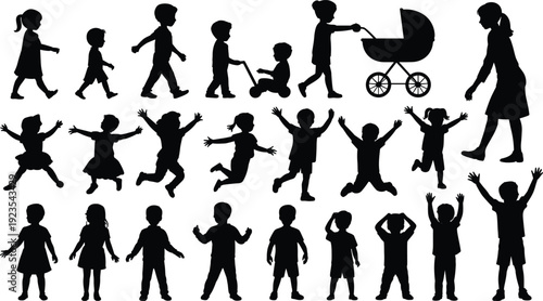 Children growth stages silhouette collection, kids walking playing jumping with stroller, childhood development lifestyle concept