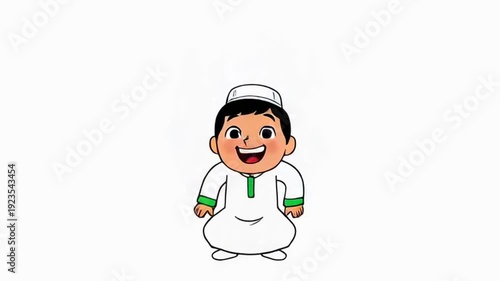 Cartoon illustration of a young smiling moslem boy jumping happines