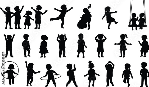 Children playing silhouette collection, kids dancing jumping swinging and music activities, happy childhood lifestyle concept