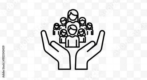 Hands cradling a group of diverse people icons symbolizing support community and care