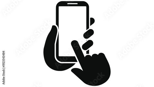 A black silhouette of a hand holding and interacting with a smartphone