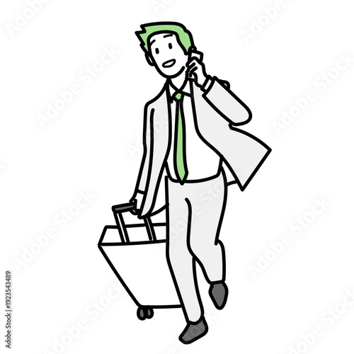 キャリーケースを引いて歩きながらスマートフォンで通話するビジネスマン｜出張先や移動中に仕事の連絡を取り合う爽やかな男性のイラスト