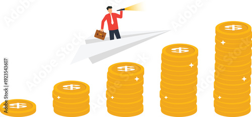 financial growth, investment strategy, business success, gold coins, paper airplane, businessman looking, upward trend, career development, future vision, money stack, market analysis, wealth accumula
