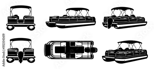 Pontoon Boat Multiple View Silhouette Vector Set Isolated on White