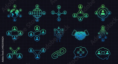 Neon network icons set business connections and communication symbols on dark background
