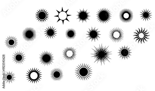 Decorative sunburst and sunshine icon collection isolated on transparent background