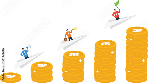 Business growth financial success investment strategy career progression money stacks paper airplane ambitious people leadership skills dollar coins rising profits corporate ladder achieving goals