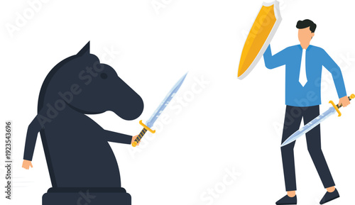 Businessman fighting chess knight, strategic planning, corporate challenge, market competition, financial defense, risk management, business conflict