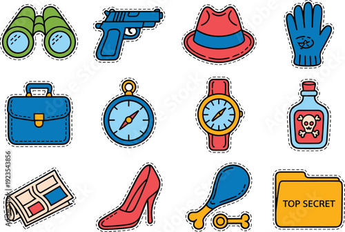 Detective spy accessory stickers set, binoculars gun hat glove icons, secret agent cartoon collection vector illustration
