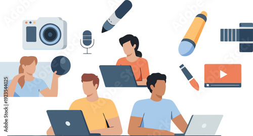 Creative Professionals Collaborating Online with Laptops Cameras and Microphones