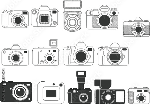   
Camera illustrations, DSLR design, compact camera, mirrorless model, vintage style, photography icon, lens detail, flash unit, modern silhouette, evolution, technology, vector