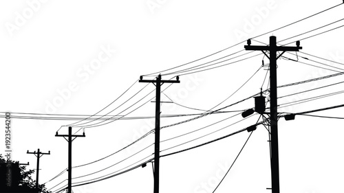 Electric power poles with street lights silhouette, overhead utility transmission cables network, urban energy distribution infrastructure concept