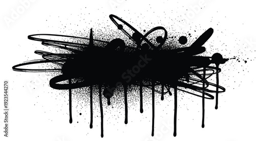 Abstract black ink splatter overlay design featuring chaotic scribbles drips and grunge spray paint textures isolated on a white background for visual impact