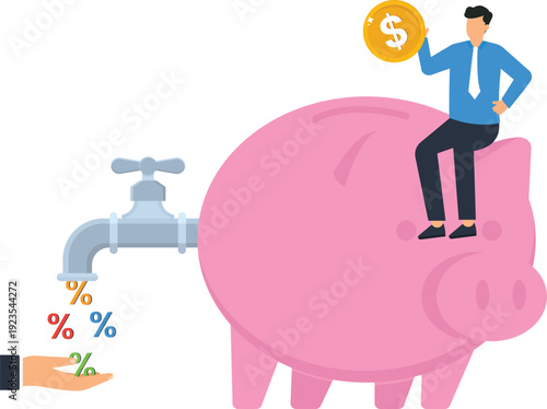 Piggy bank financial savings, businessman holding dollar coin, interest rate returns, passive income stream, wealth management concept, steady money flow, investment growth