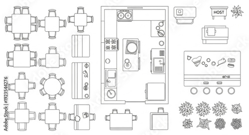 Detailed architectural blueprint showcasing various furniture layouts and kitchen designs for interior planning.